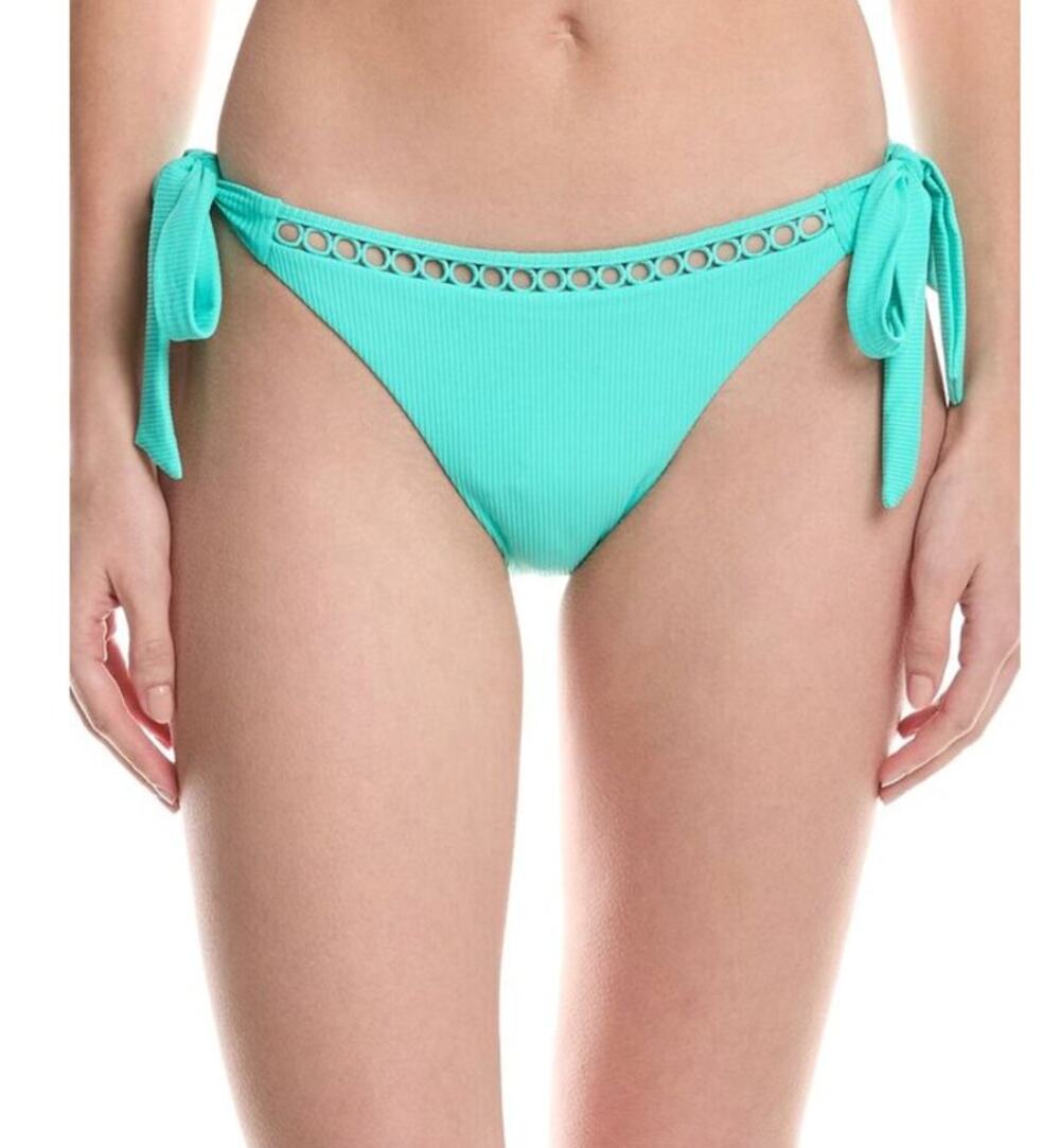 BECCA Modern Edge Demi Bikini Bottom Medium Aqua Sea Green Side Tie Ribbed NWT